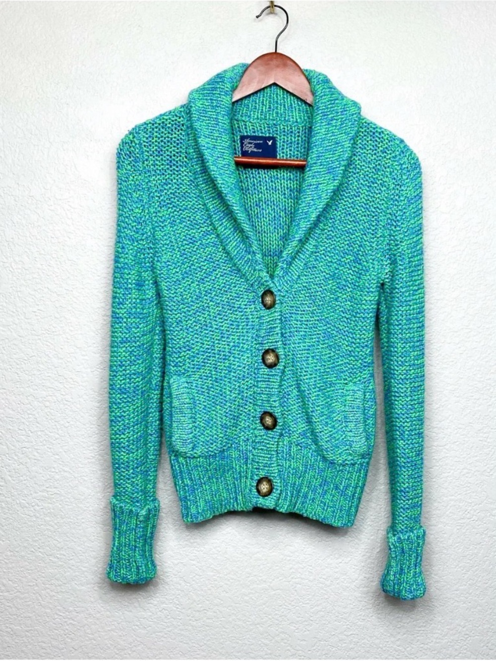 American Eagle Teal Y2K Shawl Collar Button Front Cardigan wool fall winter‎